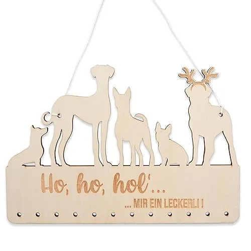 Papierdrachen Aufhängung für Adventskalender Geschenke - aus Holz - in naturfarben und schwarz - Kalender zum Selbstbasteln - kombinierbar mit Stoffsäckchen und Geschenkpapier - Hund - Set 4