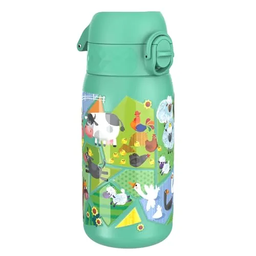 ION8 Kinder Trinkflasche, Edelstahl Leicht 400ml, Nicht Isoliert, Auslaufsicher, Einhandöffnung, Sichere Verriegelung, Spülmaschinenfest, Klappdeckel, Tragegriff, Leicht zu Reinigen, Nutztiere,