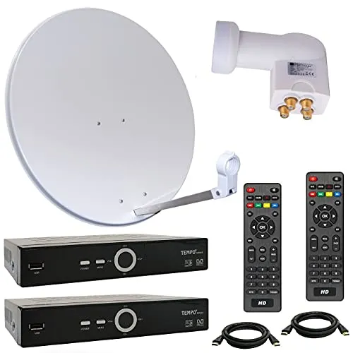 netshop 25 HD Sat Anlage 80 cm Spiegel + Opticum Quad LNB für 4 Teilnehmer + 2 Stück HD SAT Receiver (3 Farben wählbar)