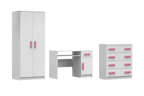 Jugendzimmer-Set INGE V - 3-teilig in Weiß/Grau/Eiche Sonoma - Stylisches 3-teiliges Möbelset für das Kinderzimmer. Inklusive Kleiderschrank, Schreibtisch und Kommode mit farbigen Holzgriffen. Ideal für eine funktionale und individuelle Gestaltung.