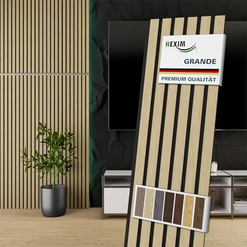 HEXIM Akustikpaneele Holz 140x30cm Grande - Effektive Schalldämmung - Akustikelemente mit 21mm MDF und 9mm Filz für optimale Schallabsorption. Ideal für moderne Wandverkleidungen und stilvolle Akzente in jedem Raum.