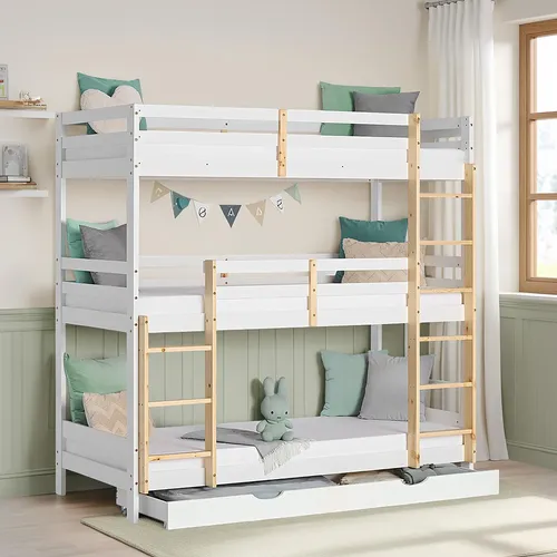 Homestyle4u 2589 Kinderbett Etagenbett 90x200 cm - Modernes Hochbett mit 3 Liegeflächen und Bettkasten für optimalen Stauraum, ideal für Familien und Gästezimmer. Aus massivem Kiefernholz in elegantem Weiß.