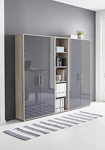 Schrankwand TABOR 10 Büroregal Aktenschränke Büroschrank abschließbar in diversen Farbvarianten (Sonoma Eiche/anthrazit Hochglanz)