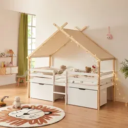 [en.casa] Hausbett Surnadal 90 x 200 cm mit Rausfallschutz - Kreatives Kinderbett mit abnehmbarem Stoffdach und zwei Bettkästen für Spielzeug – ideal für Abenteuer und Ordnung im Kinderzimmer.