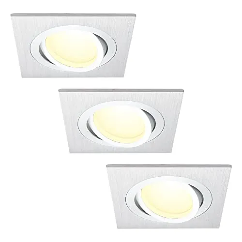 HCFEI 3er Set LED Einbaustrahler dimmbar flach Eckig, Silber gebürstet, Schwenkbar mit 5W LED Modul Warmweiß 3000K für 230V ohne Trafo, glanzpolierter Innenring