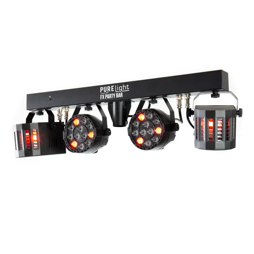 PURElight FX Party Bar - Kompaktes Lichtset mit 2 LED-PAR-Scheinwerfern und 2 LED-Derbys, ideal für Bands und DJs. Beeindruckende Lichteffekte und einfache Steuerung per DMX oder Musiksteuerung.