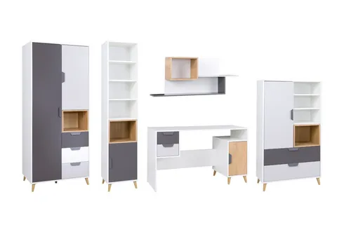 Deine Möbel 24 Jugendzimmer-Set JUSTIN A in Weiß/Graphit/Grau/Eiche, 5-tlg. - Praktisches Jugendzimmer-Set JUSTIN A: bestehend aus Kleiderschrank, Regal, Schreibtisch, Kommode und Hängeregal. Modernes Design und hohe Stauraumkapazität für ein stilvolles und organisiertes Zimmer.