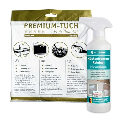 HOTREGA® Küchenfronten Reiniger 500ml - Hochglanzpflege für Ihre Küche - Küchenreiniger in Sprühflasche für strahlend saubere Hochglanzoberflächen, inkl. Microfasertuch für müheloses Wischen und Pflege.