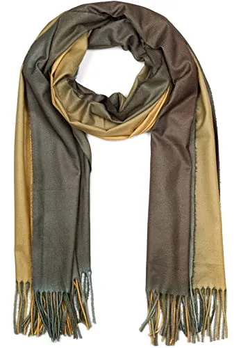 styleBREAKER Damen Schal mit 2-farbigem Farbverlauf und Fransen, warme Winter Stola mehrfarbig, Ombré Look 01017147, Farbe:Gelb-Oliv
