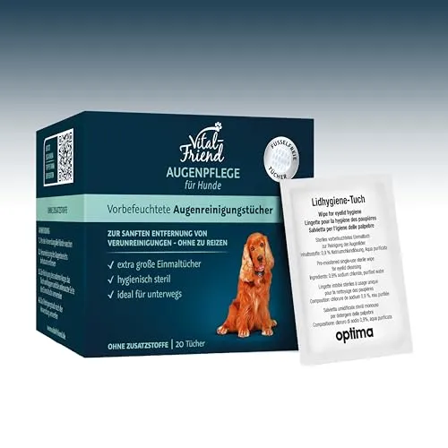Vital-Friend Augenpflege-Tücher Hund, 100% Viskose, konservierungsmittelfrei, steril verpackte Tücher für die sanfte Reinigung von Hundeaugen, ideal für unterwegs, 20 Stück