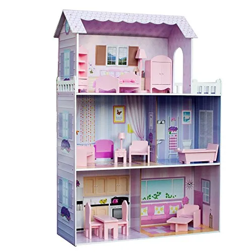 Olivias Kleiner Weltriesenpuppenhaus, großes Holzpuppenhaus mit Möbeln und Accessoires, 3 -stöckiges Puppenhaus für Kinder, Puppenhaus für 12 