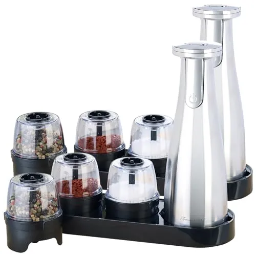 Rosenstein & Söhne Akku Salzmühle: 2er Set Akku-Multi-Gewürzmühle mit 3x 150-ml-Wechselbehälter (Salz & Pfeffer-Mühlen 3in1, Pfeffermühle, Küchengeräte)