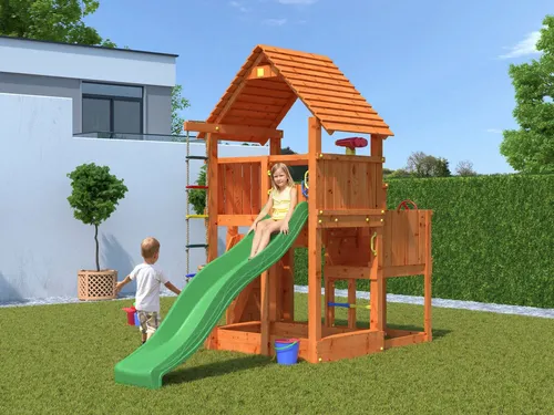 FUNGOO BIG LEADER Spielturm mit Schaukel & Rutsche - Spielturm mit Kletterwand, Rutsche und Sandkasten – ideal für kleine Gärten und sicheres Spielen im Freien.