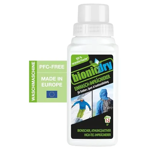 bionicdry Einwasch-Imprägnierer 250 ml für Sport- & Funktionskleidung | Effektive Nachimprägnierung für Outdoor-, Sport- und Funktionskleidung + Equipment.Erhält Atmungsaktivität + Membranfunktion