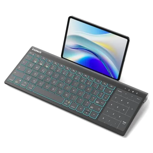 Inateck 2-IN-1 Tablet Tastatur mit Touchpad - Tastaturen für iPadOS, Android und Windows, vereint Ziffernblock & Touchpad für effizientes Arbeiten. Mit 2600mAh Akku bis zu 6 Monate nutzbar und stabiler Ständer für unterwegs.