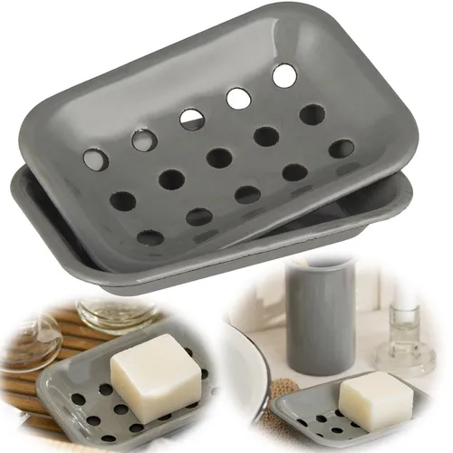 Vintage Seifenschale Emaille Shabby Grau 15cm 2-tlg Seifenhalter Seifenablage
