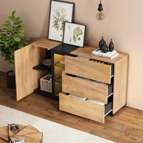 okwish Moderner Sideboard Kommode dekorativer Konsolentisch mit 3 Schubladen,Aufbewahrungsschrank mit Glastüren und LED,Schwarz+Braun