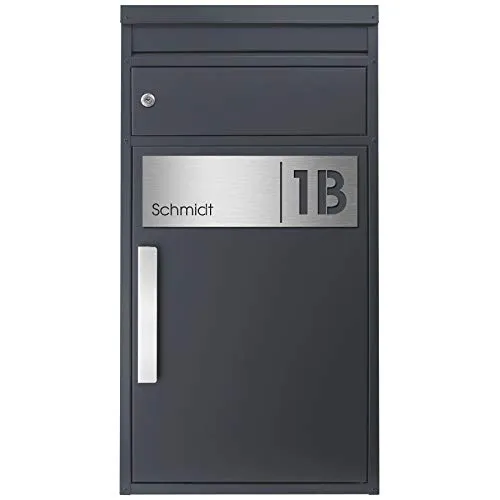 SafePost Paketbriefkasten XXL 65MS inkl. Gravur Namensschild Edelstahl V4A/anthrazit RAL 7016 Design-Paketkasten für alle Paketdienste Paketbox mit Briefkasten modern Standbriefkasten