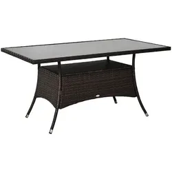Outsunny Gartentisch 150x85 cm - Braun & Schwarz, witterungsbeständig - Gartentisch aus robustem Polyrattan mit stabiler Sicherheitsglasplatte, ideal für Garten und Terrasse. Die praktische Ablagefläche bietet zusätzlichen Stauraum für Ihre Utensilien.