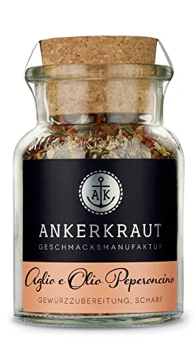 Ankerkraut Aglio e Olio Peperoncino, für Original italienische Spaghetti, Pasta kochen, Allrounder für Nudeln, leicht scharf mit Chili, Gewürz Kräuter für Küche, 65 g im Korkenglas