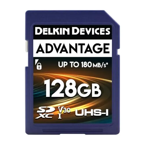 Delkin Devices Advantage SDXC-Speicherkarte UHS-I, 128 GB, bis zu 100 MB/s Schreiben, 180 MB/s Lesen, Speicherkarten für Kameras mit C10, U3, V30, 4K UHD, SD-Karte in voller Größe