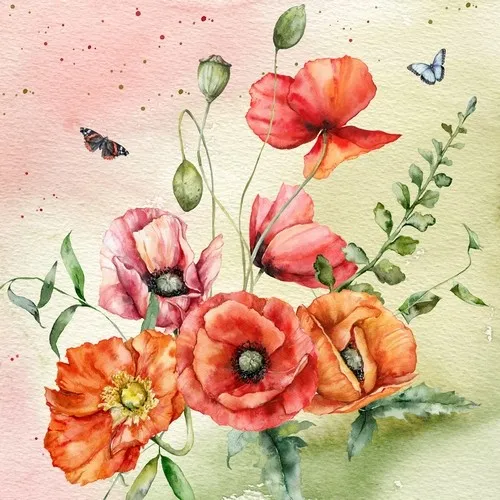 Servietten Bouquet of Poppies Mohnblumen Bouquet Garten Sommer Natur 33x33cm 20