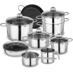 Kopf Topfset 14-teilig, Edelstahl - 14-teiliges Edelstahl-Kochtopf-Set mit hitzebeständigen Glasdeckeln und integriertem Dampfaustritt, ideal für müheloses Kochen und fettfreies Braten.