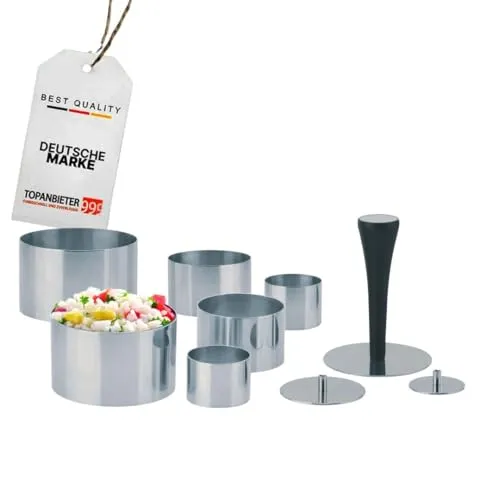 TOPANBIETER 999 Premium Dessertringe Set Edelstahl 10-teilig - Kuchenringe & Kuchenrahmen, vielseitiges Set mit 3 Größen und praktischem Ausdrückstempel für perfekte Anrichtekunst – ideal für kreative Hobbyköche und Profis.
