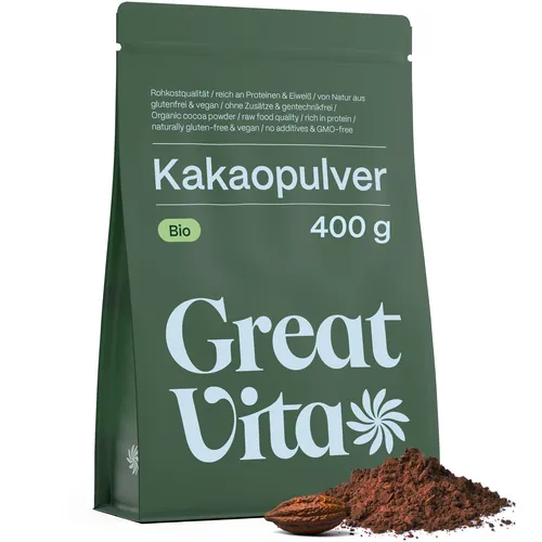 GreatVita Bio Kakaopulver 400g | Premium Kakao Pulver | 100% rein ohne Zusätze