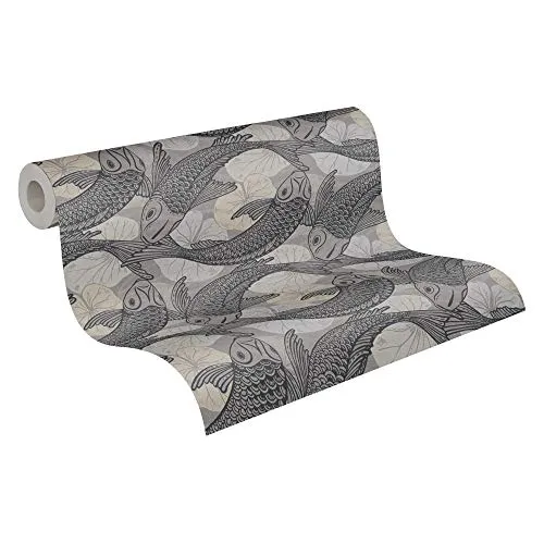 Livingwalls Vliestapete Metropolitan Stories asiatische Tapete mit Kois Mio Tokio 10,05 m x 0,53 m beige grau schwarz 378593 37859-3