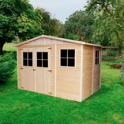 Timbela Gartenhaus Holz M334+M334G - Gartenhaus mit 6,03 m², ideal für Geräte und Möbel, bietet robusten Schutz und klassisches Design aus unbehandeltem Holz.