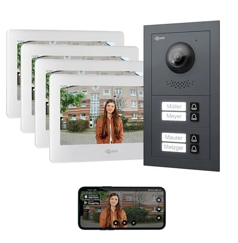 Goliath Basic Line 4-Familienhaus Video Türsprechanlage - Moderne 2-Draht BUS Türsprechanlage für Mehrfamilienhäuser. FullHD Monitor, einfache Installation und App-Anbindung für optimale Kommunikation und Sicherheit.