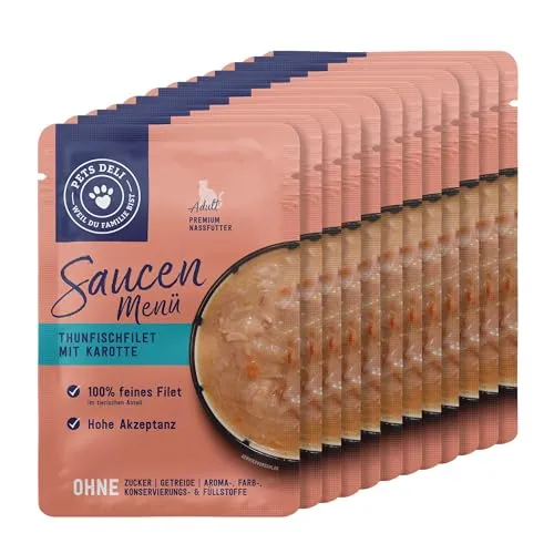 Pets Deli Nassfutter für Katzen Saucen Menü mit Thunfischfilet und Karotte ohne Zucker und Gluten 12 x 70g