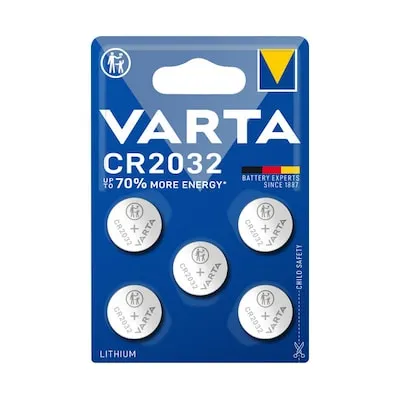 Varta Knopfzelle CR 2032 3V - 5 Stück - Hochwertige Lithium-Knopfzellen mit hoher Energiedichte und minimaler Selbstentladung. Ideal für Fernbedienungen, Taschenrechner und mehr. Zuverlässige Leistung für den täglichen Gebrauch.