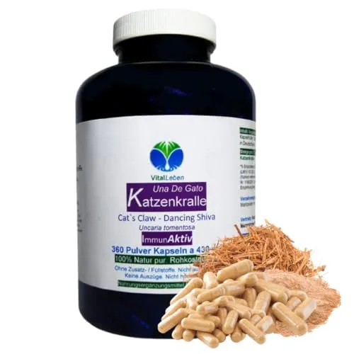 Katzenkralle ImmunAKTIV 360 Pulver Kapseln - Cat's Claw - Nahrungsergänzungsmittel mit hoch bioverfügbarer Katzenkralle (Uncaria tomentosa) für gesunde Abwehrkräfte und Mobilität. Natürlich und ohne Zusatzstoffe, ideal für eine ausgewogene Ernährung.