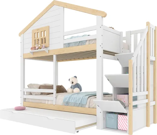 Etagenbett mit 3 Schlafgelegenheiten und Stauraum, 90x200 cm, Kinderbett aus Massivholz - Praktisches Etagenbett für drei Kinder mit Rausfallschutz und Treppe. Inklusive Lattenrosten und zusätzlichem Stauraum – ideal für kleine Räume!