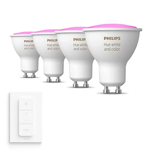 Philips Hue Vorteilspaket - GU10 - mit 4 Spots - Weißes und Farbiges Licht - inkl. 1 Hue Dimmschalter - Hue White and Color Ambiance