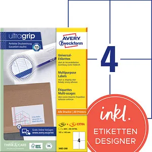 Zweckform 3483-200 Avery Etiketten 105x148mm, 880 Stück - Selbstklebende Etiketten mit ultragrip-Technologie für perfekten Druckereinzug, ideal für alle gängigen Drucker. Starke Klebkraft und umweltfreundlich produziert.