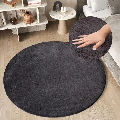 TAPISO Cuddle Teppich Rund Hochflor Dunkelgrau Anthrazit Langflor Shaggy rutschfest Waschbar Wohnzimmer Schlafzimmer Kinderzimmer ÖKOTEX 80 x 80 cm