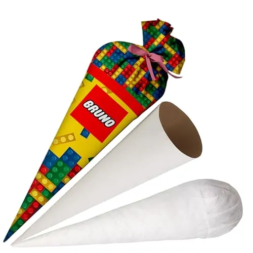 Ferocity Schultüte Bauklötze mit Namen für Jungen, Personalisierte Tüte, 70 cm Zuckertüte aus Stoff mit runde Papprohling und Füllung aus Silikonkügelchen, große Tüte als Kissen [149]