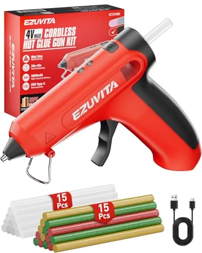 EZUVITA 4V Heißklebepistole Akku Set (Rot) mit 30 mehrfarbigen Klebesticks, schneller Aufheizzeit, intelligenter Abschaltautomatik, USB-C-tropffreie Heißklebepistole mit integriertem 2600mAh-Akku