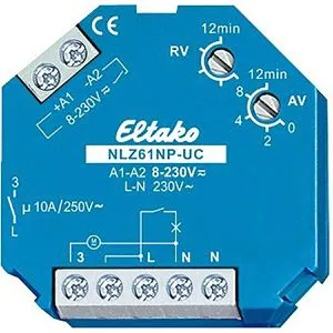 Eltako NLZ61NP-8 Nachlauf-Relais 230V UC - Schalter mit einstellbarer Nachlaufzeit von 1 bis 12 Minuten, ideal für energieeffiziente Anwendungen und moderne Steuerungstechnik.