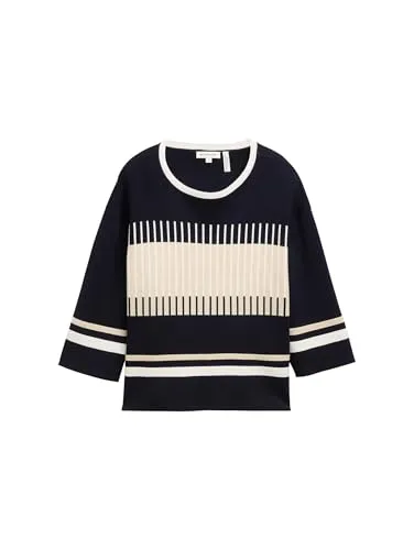 Tom Tailor Pullover in Dunkelblau - M - Stylischer Rundhals-Pullover mit 3/4-Ärmeln, lockerem Schnitt und geschlitzt Saumabschluss, ideal für lässige Looks und jeden Anlass.