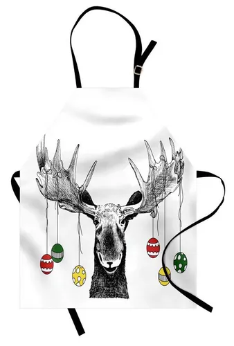 ABAKUHAUS, Weihnachten Kochschürze, Höhenverstellbar Waschbar Kein verblassen Klare Farben, REH Illustration mit Christbaumkugeln über den hörnern hängend, Mehrfarbig Weiß