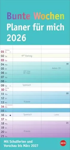 Bunte Wochen Planer für mich 2026: Praktischer Wandplaner mit 2 Spalten. Wandkalender mit Schulferien und 3-Monats-Ausblick aufs Folgejahr. Terminkalender 2026 zum Eintragen. (Familienplaner Heye)
