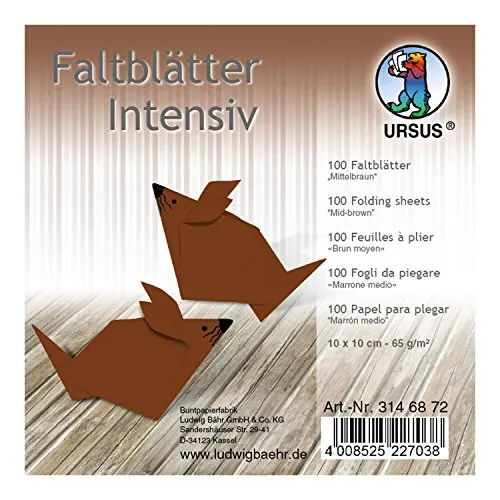Ursus 3146872 - Faltblätter Uni intensiv, mittelbraun, ca. 10 x 10 cm, 65 g/qm, 100 Blatt, aus Plakatpapier, durchgefärbt, für kleine und große Origami Künstler, ideal für vielseitige Bastelarbeiten