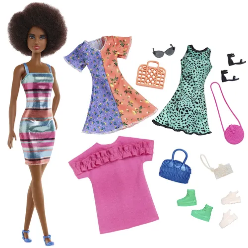 Barbie Fashionistas Puppe brünett mit Moden und Accessoires für 4 komplette Outfits, Geschenk für Kinder von 3 bis 8 Jahren