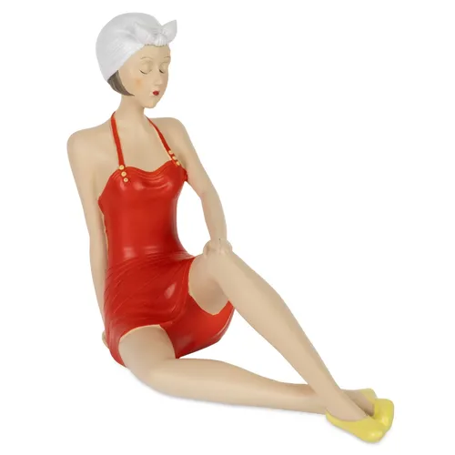 Sitzende Retro Dekofigur Dame rot mit Badekappe - Charmante Resinfigur im Vintage-Stil, ideal zur Verschönerung jedes Raumes. Perfekt für Liebhaber nostalgischer Deko.