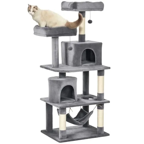 PawHut Katzen Kratzbaum groß 145 cm - Multifunktionales Katzenmöbel mit Hängematte und Sisalstämmen, ideal für Spiel und Entspannung