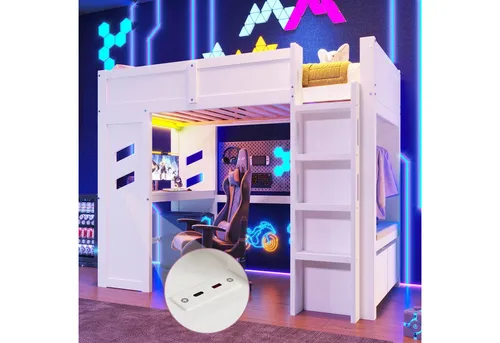 Odikalo Hochbett 90x200 140x200 Jugendbett Kinderbett mit Schreibtisch LED und USB (90x200 / 140x200 cm Gaming, Bett mit Schreibtisch, Mit LED-Leuchten, 1 USB-Anschlüssen, 1 Typ-C ausgestattet, Leiter, Schreibtisch,Schublade, Wäscheständer, Ohne Matratze, Weiß)